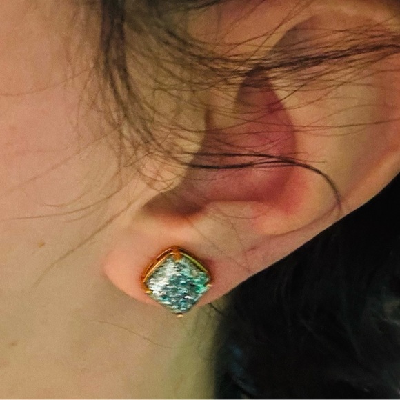 KATE SPADE NEW YORK ♠️ LIGHT BLUE & GRAY GLITTER SQUARE EARRINGS - Picture 7 of 7